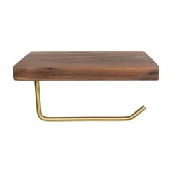 QUVIO Toiletrolhouder Metaal Met Telefoon Plank - Donker Hout + Goud -Badkamermeubels Winkel 10183751