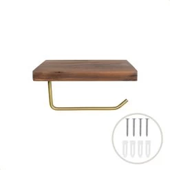 QUVIO Toiletrolhouder Metaal Met Telefoon Plank - Donker Hout + Goud -Badkamermeubels Winkel 10183761