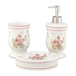 Clayre & Eef Badkamerset Set Van 3 Wit Roze Keramiek Bloemen Badkamer